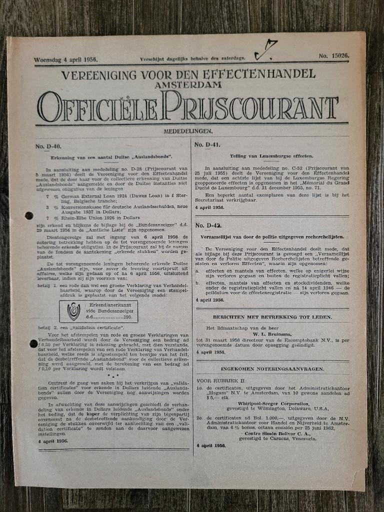 Officiele Prijscourant 4 april 1956, Ophalen of Verzenden, Gelezen, Krant