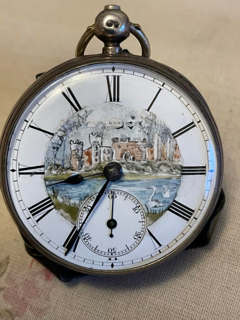 Zilveren zakhorloge met snek ankergang en unieke wijzerplaat, Ophalen of Verzenden