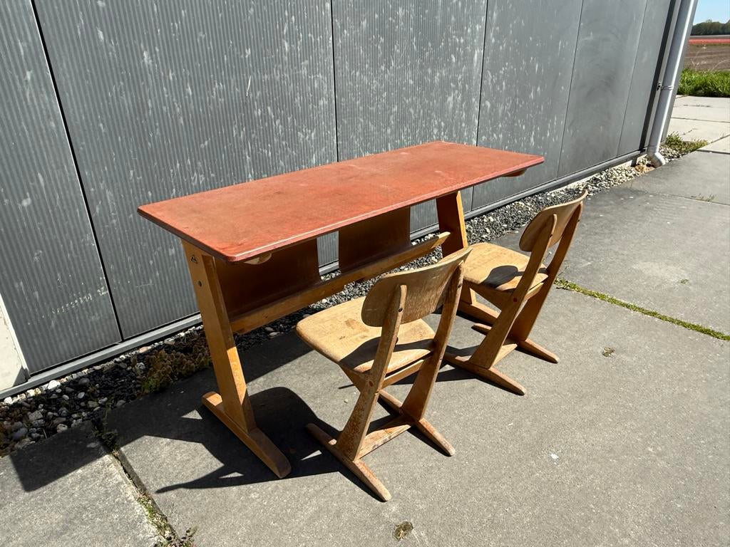 Vintage Schoolbank met 2 Stoeltjes - Houten Bureau Set, Ophalen