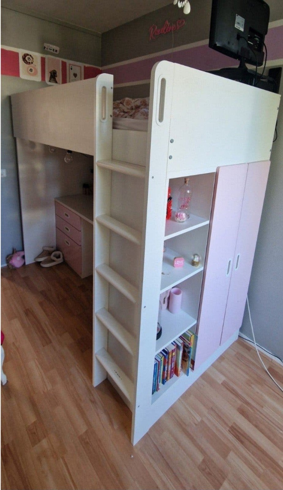 Ikea Hoogslaper met Kast, Bureau en Lades - Wit/Roze, Ophalen, Gebruikt, Hoogslaper of Stapelbed, 100 cm of meer