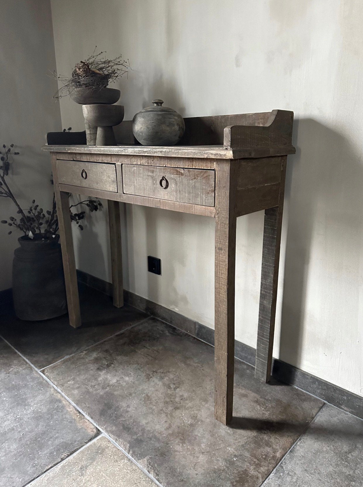 Smalle hoge sidetable Driftwood, oud hout, Ophalen, Zo goed als nieuw, 25 tot 50 cm, Rechthoekig
