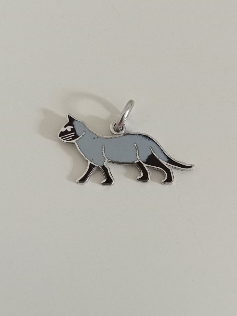 Vintage zilveren bedel hanger Siamees kat emaille €2,-, Overige merken, Gebruikt, Ophalen of Verzenden, 1 bedel