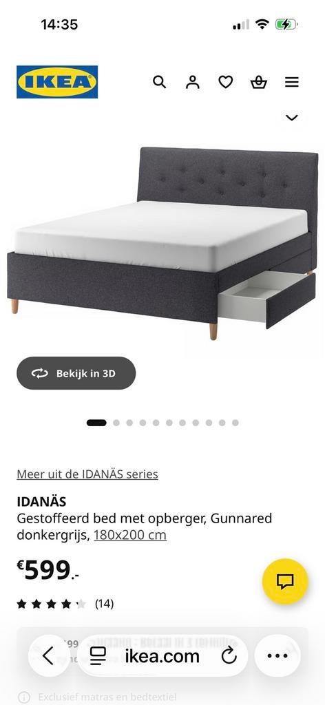 Ikea idanas bed incl matras 200cm x180cm, Ophalen of Verzenden, 180 cm, 200 cm, Grijs