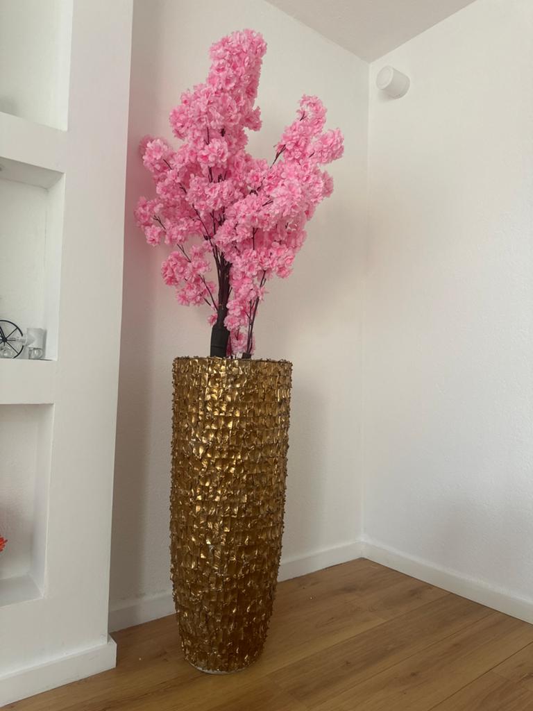 Roze kunstbloesem in gouden pot, Binnen, Gebruikt, Roze, Ophalen of Verzenden