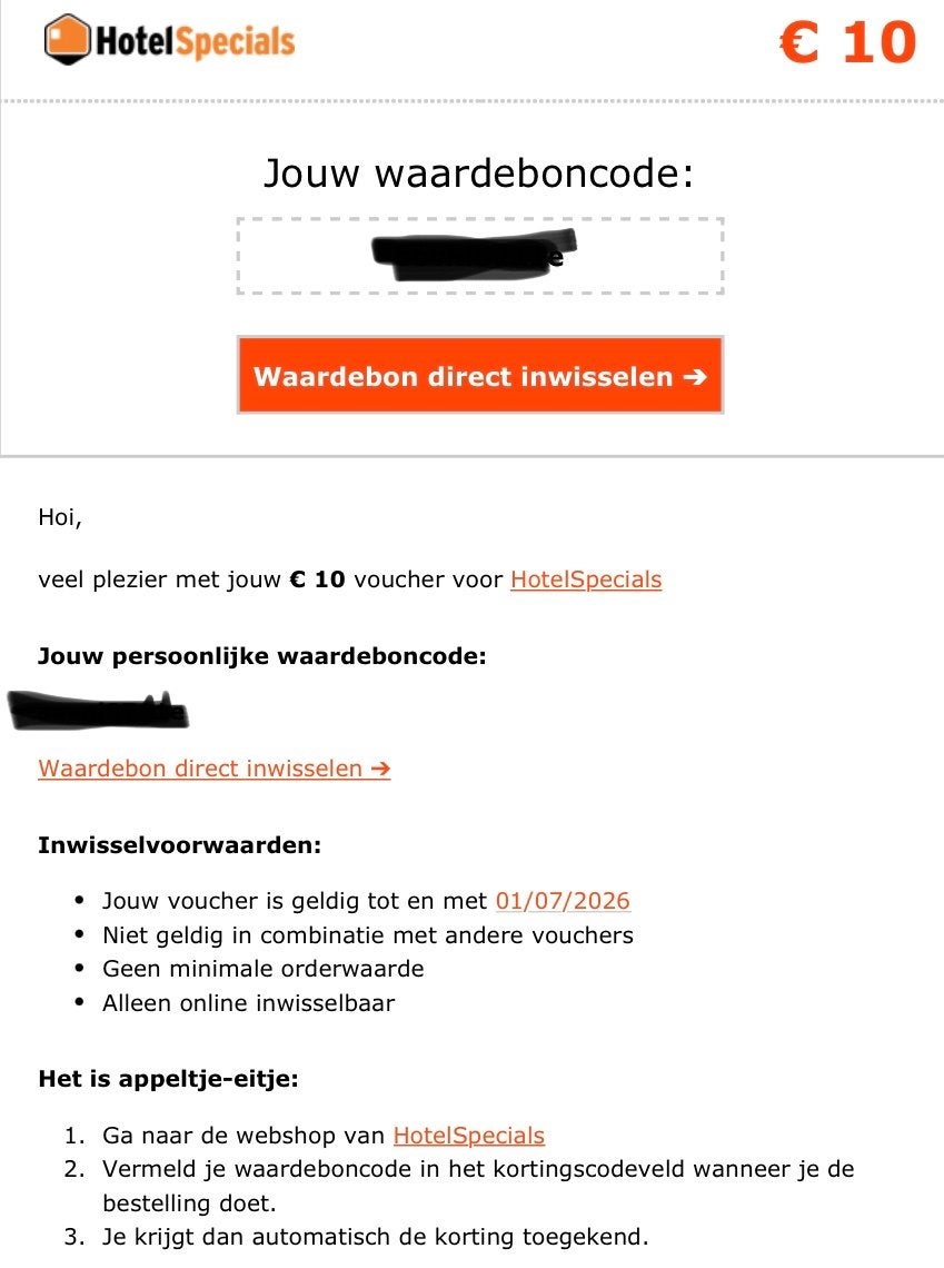 10 euro voucher hotel specials, Tickets en Kaartjes, Eén persoon, Kortingsbon