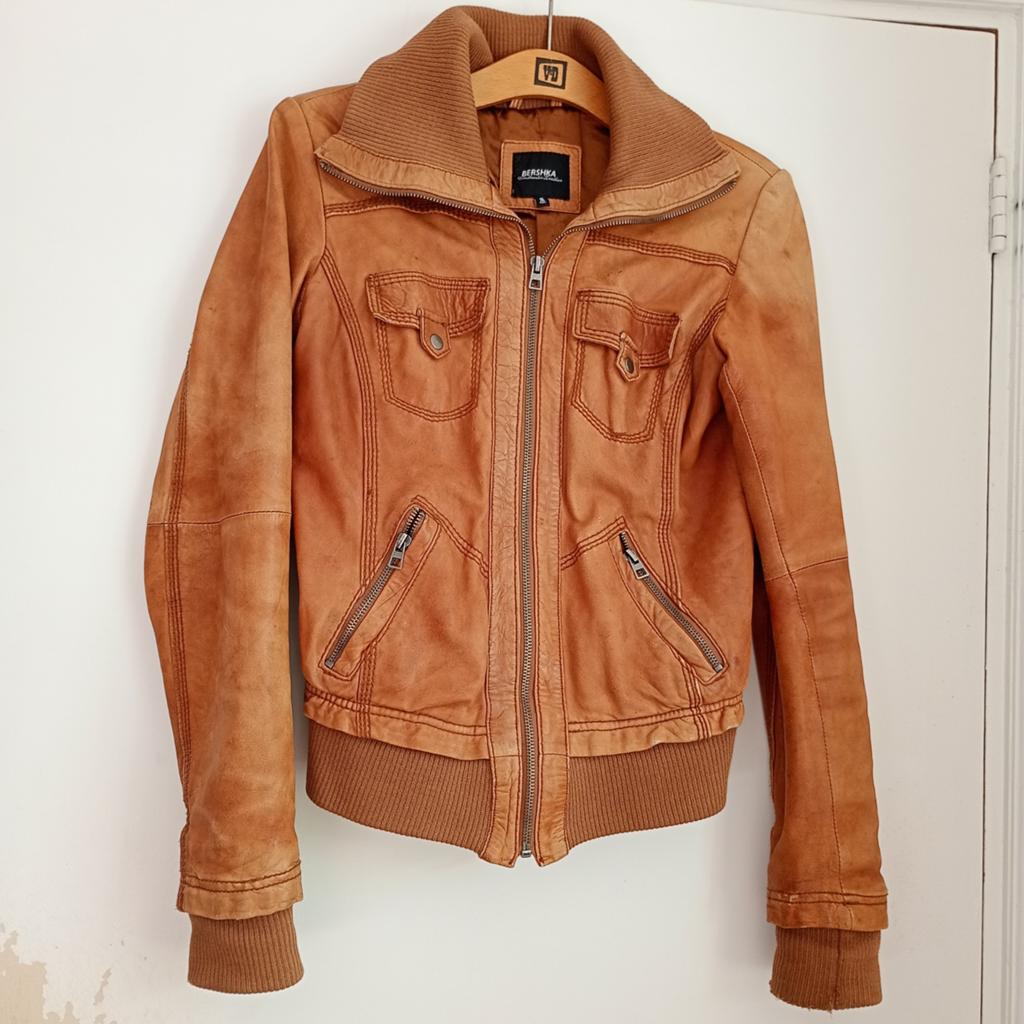 Bershka leren jasje - Maat S, Bruin, Maat 36 (S), Gedragen, Bershka