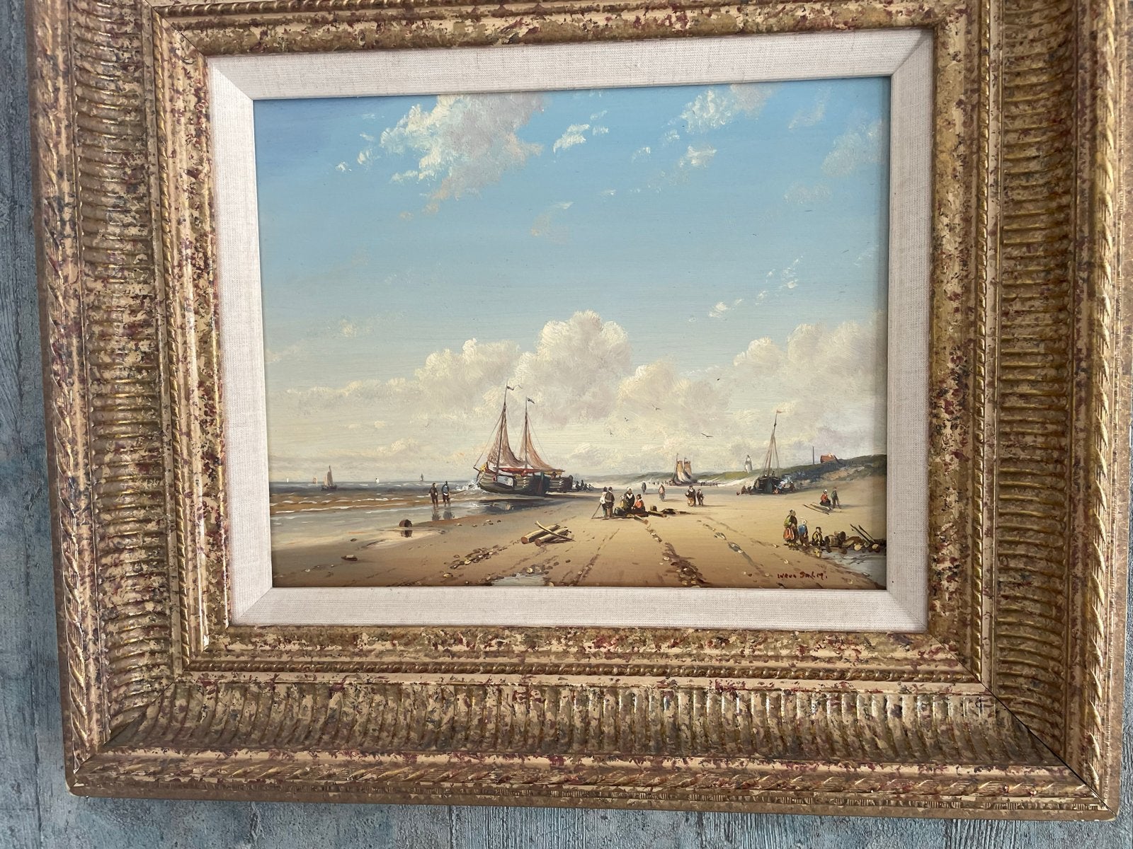 Schilderijen W.A. van Salm - Strandgezicht met Schepen, Maritiem / water, Doek, Realistisch, Ophalen of Verzenden