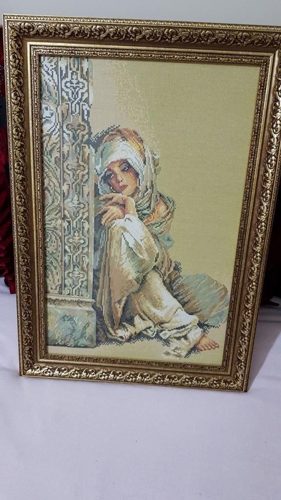 Handgemaakte Gobelin Kruissteek Schilderij - Vrouw, Ophalen of Verzenden