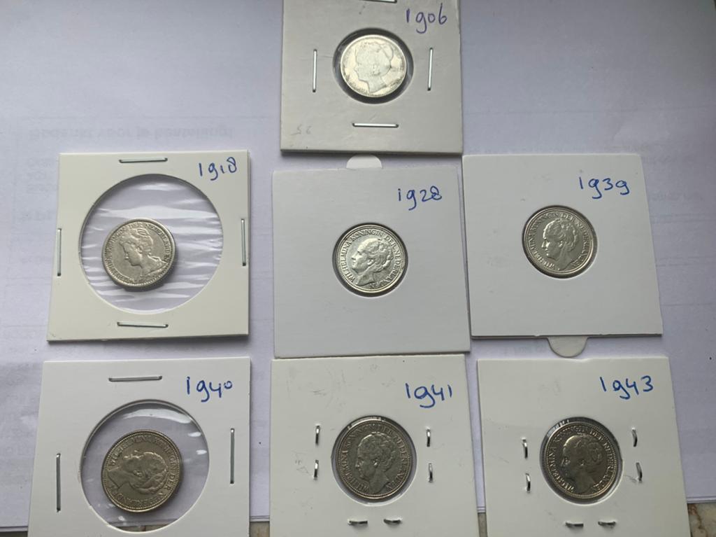 7 losse zilveren kwartjes wilhelmina periode 1906-1943, Postzegels en Munten, Munten | Nederland, Ophalen of Verzenden, Koningin Wilhelmina