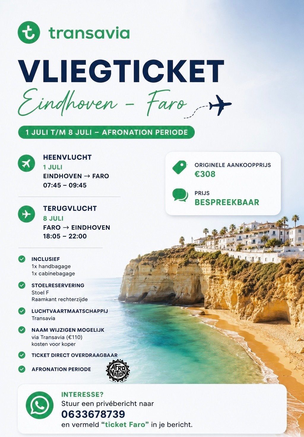2 Transavia vliegtickets - Retour Eindhoven -> Faro, Tickets en Kaartjes, Trein, Bus en Vliegtuig, Eén persoon, Met bestemming of datum