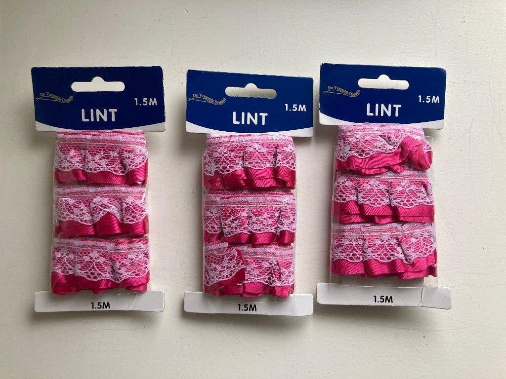 Satijnband met kant in roze, blauw en zwart, Hobby en Vrije tijd, Naaien en Fournituren, Ophalen of Verzenden, Nieuw, Kant