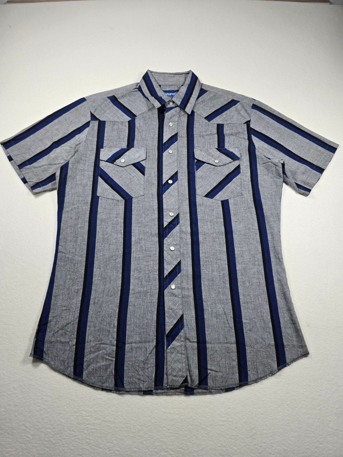 Wrangler western overhemd heren M grijs/blauw korte mouw, Verzenden, Wrangler, Zo goed als nieuw, Halswijdte 41/42 (L)