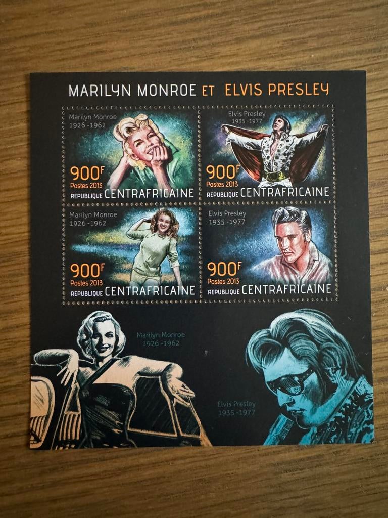 Centraal Afrika blok Marilyn Monroe Elvis Presley - 1, Postzegels en Munten, Postzegels | Thematische zegels, Ophalen of Verzenden