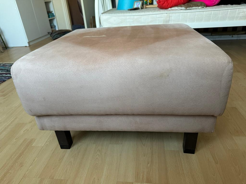 poef hocker voetenbank H45x72x72 Montara stof beige 4 poten, Ophalen, Overige materialen, Gebruikt, 50 tot 75 cm