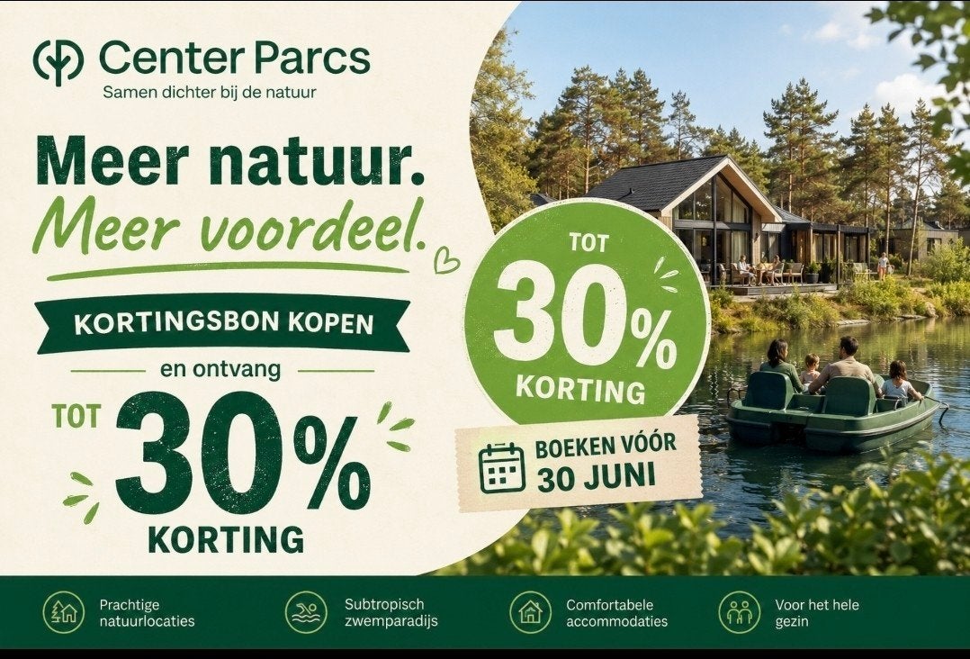 Korting Center Parcs, Tickets en Kaartjes, Kortingen en Cadeaubonnen, Drie personen of meer, Kortingsbon, Bungalowpark