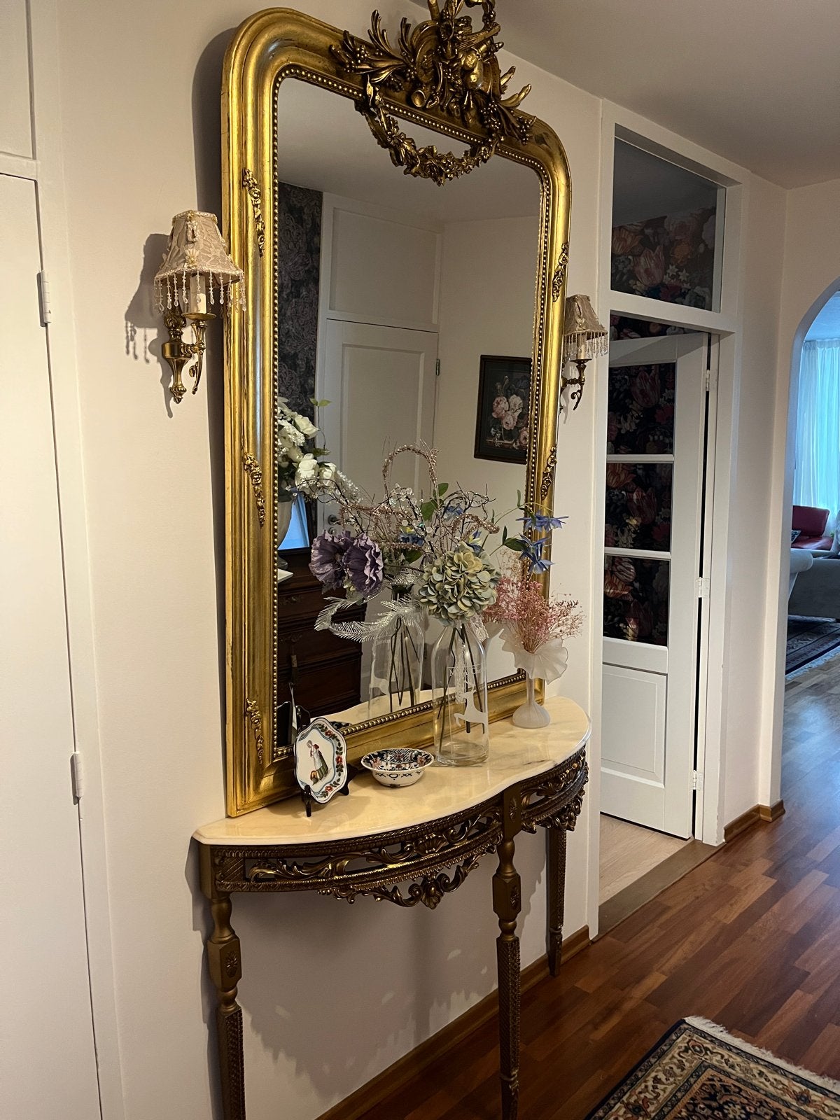 Gouden spiegel met console tafel - Barok stijl, Ophalen, Zo goed als nieuw, 75 tot 100 cm, 150 tot 200 cm