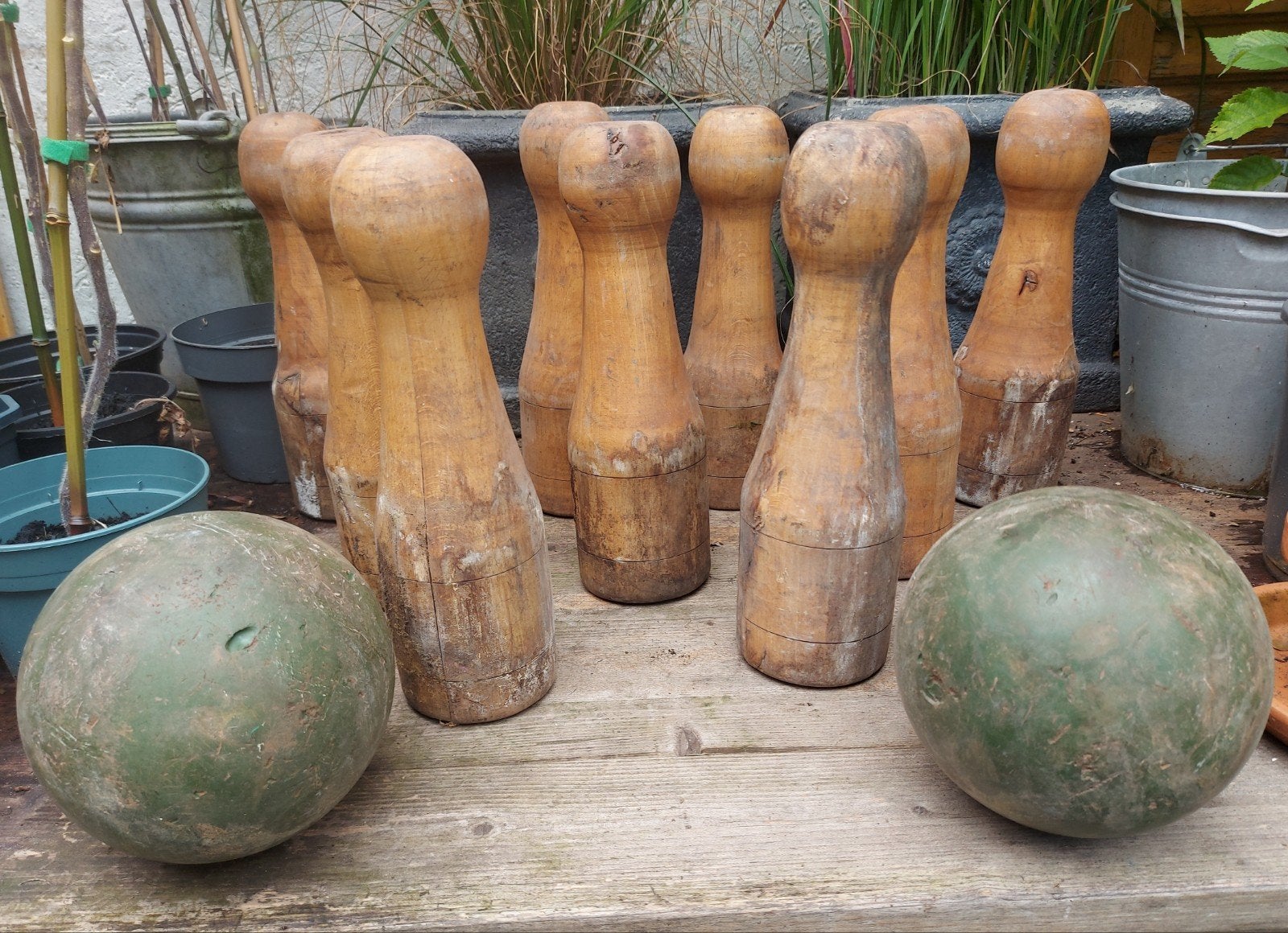 Antieke houten xxl compleet kegelspel 9 kegel & 2 ballen xl, Ophalen of Verzenden