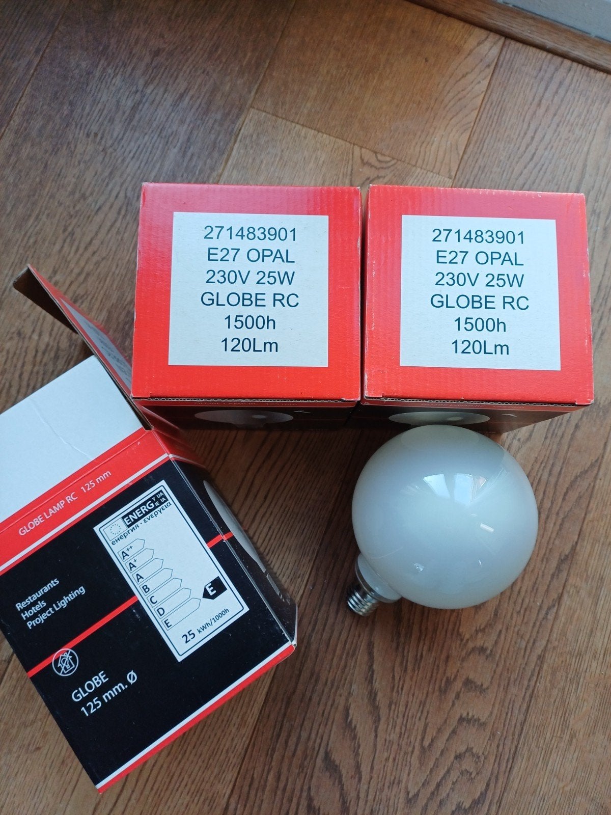 3x SPL globe gloeilamp 125mm. opaal, Ophalen of Verzenden, Nieuw, E27 (groot), Gloeilamp