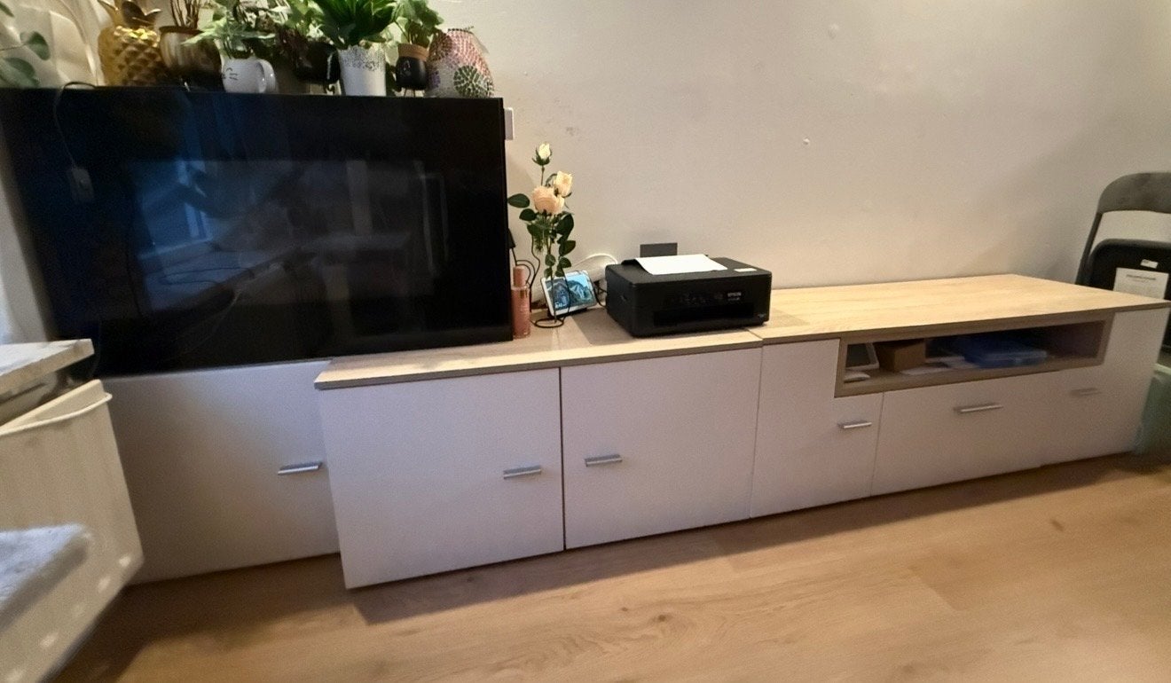 Gratis TV-meubel met opbergruimte en elektrische haard, Ophalen, Gebruikt, 200 cm of meer, Minder dan 100 cm