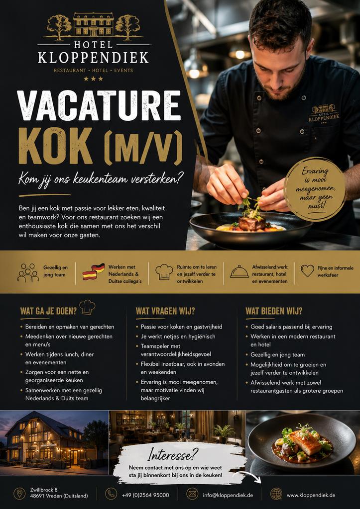 Vacature Kok (m/v) – Restaurant Kloppendiek, Ophalen of Verzenden, Zo goed als nieuw