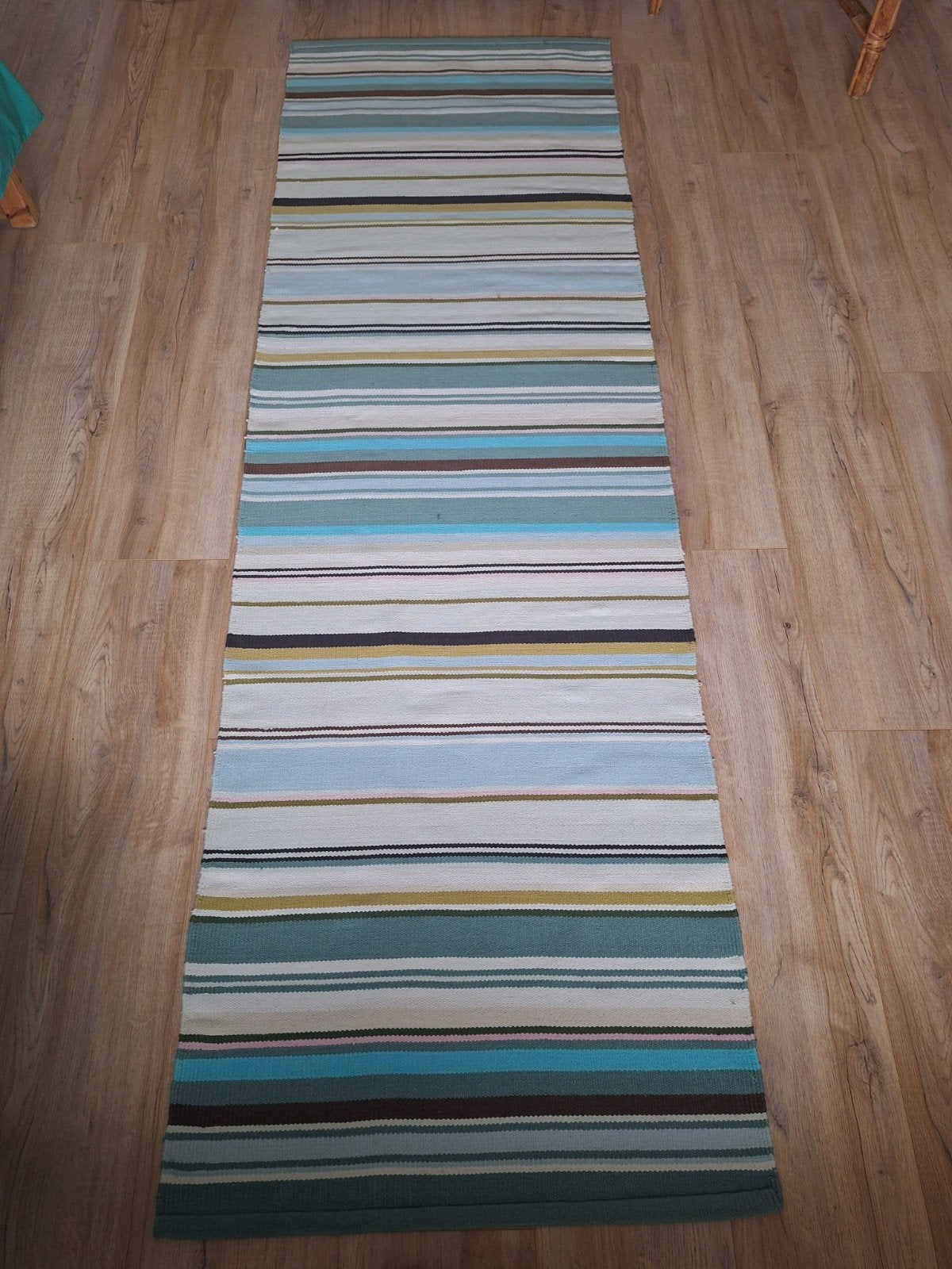 Gestreepte loper in blauw, groen en bruin, Gebruikt, 200 cm of meer, Ophalen of Verzenden, Blauw