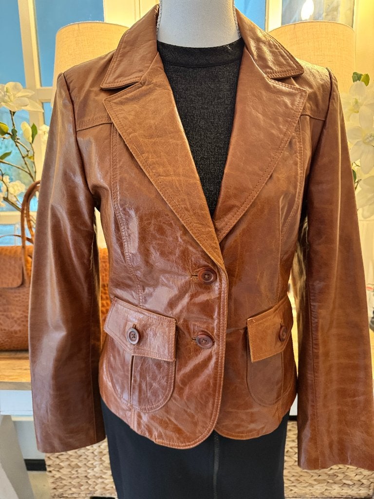 Nieuw Cognac-Bruin jasje American Base, 36-38/S, lakleer., Kleding | Dames, Verzenden, Nieuw, Maat 36 (S), Bruin