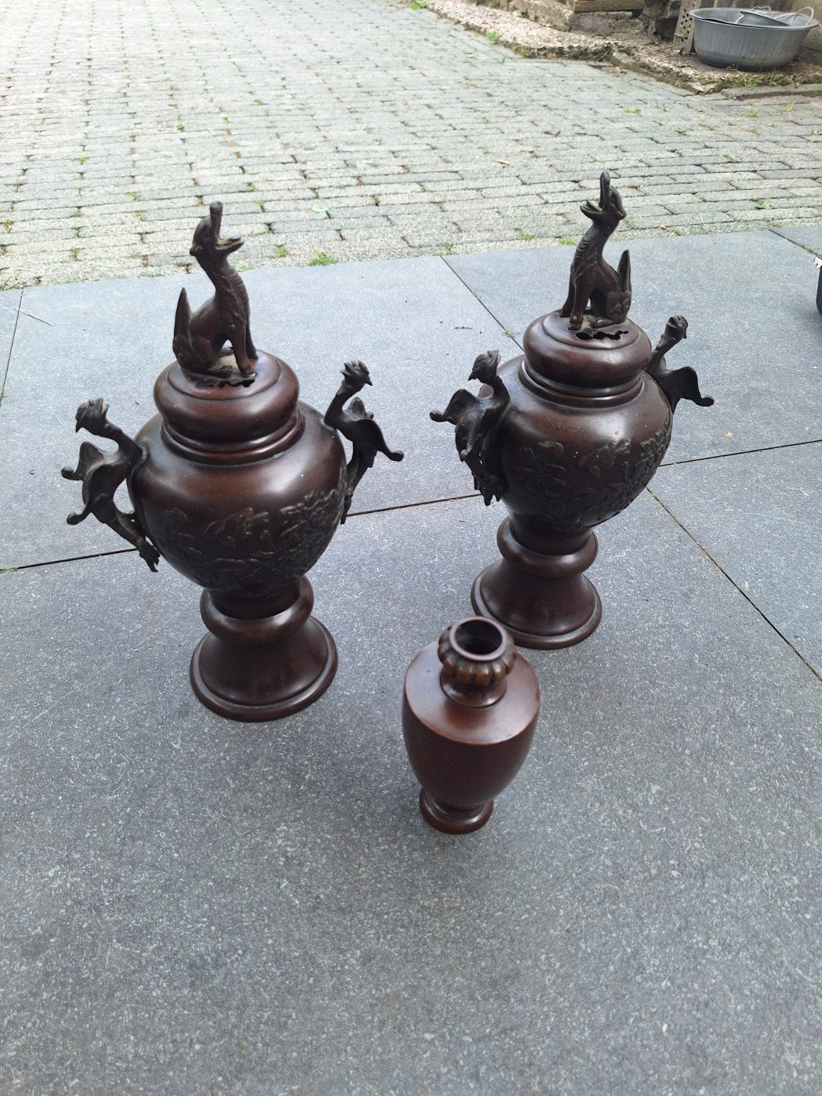 Set van 3 bronzen wierookbranders met dierfiguren, Antiek en Kunst, Ophalen