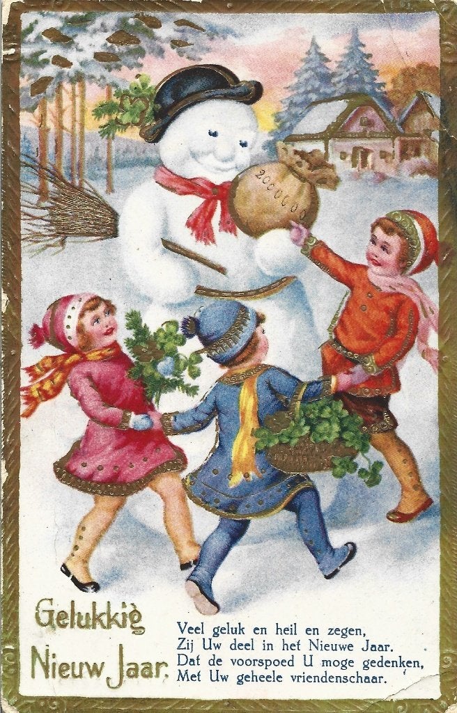 Brocante*Gelukkig Nieuwjaar*Goudopdruk*Kinderen*Sneeuwpop, Ophalen of Verzenden, 1940 tot 1960, Gelopen, Feest(dag)