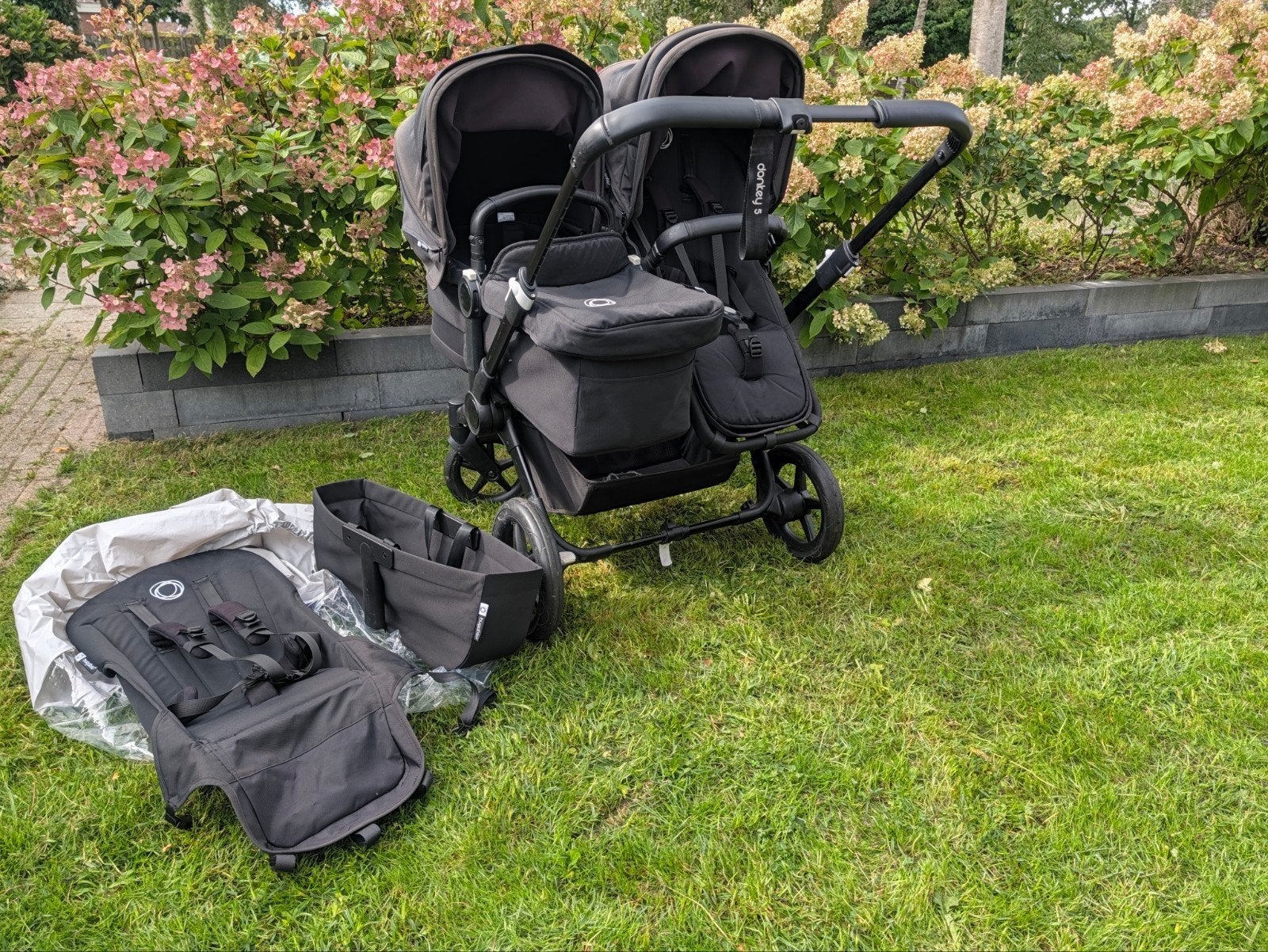 bugaboo donkey 5 duo - all black, Ophalen, Zo goed als nieuw, Combiwagen, Duowagen