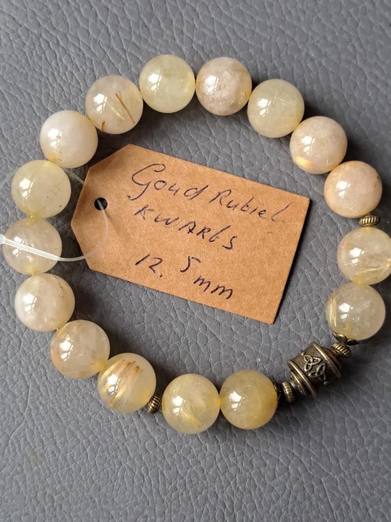 816 Edelsteen armband Goud Rutiel Kwarts 12.5mm, Sieraden, Tassen en Uiterlijk, Geel, Nieuw, Ophalen of Verzenden, Elastiek