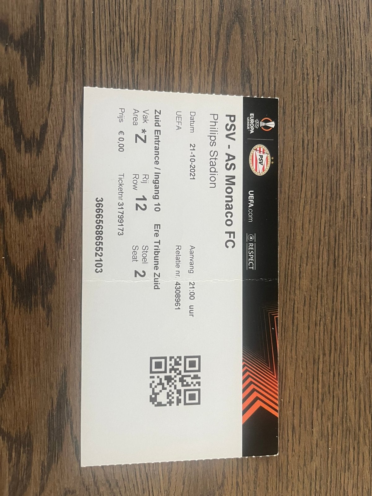 TICKET PSV-AS MONACO 21-22 CHAMPIONS LEAGUE, Verzamelen, Ophalen of Verzenden, Zo goed als nieuw, PSV, Overige typen