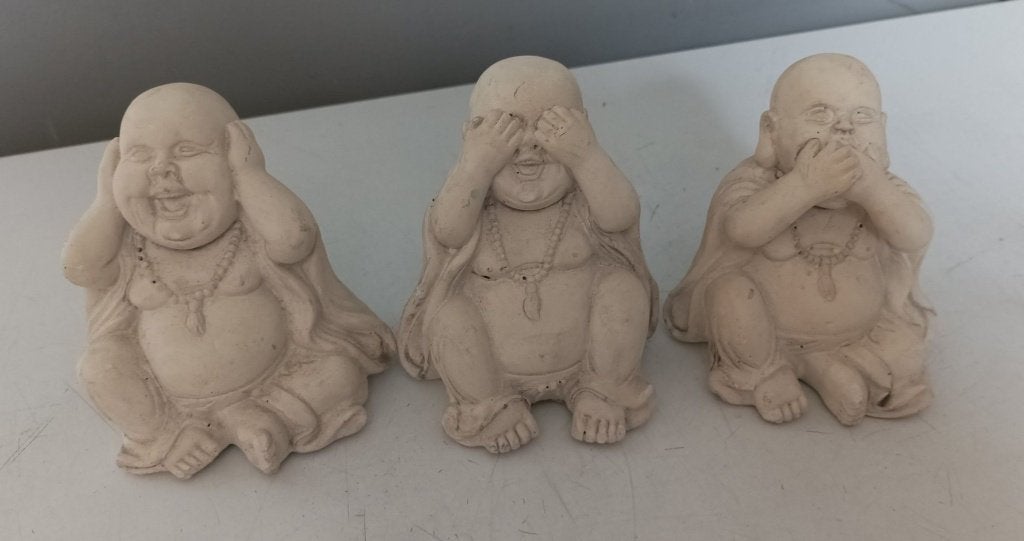 Set van 3 Boeddha beeldjes: Horen, Zien, Zwijgen, Ophalen of Verzenden, Gebruikt, 11 cm