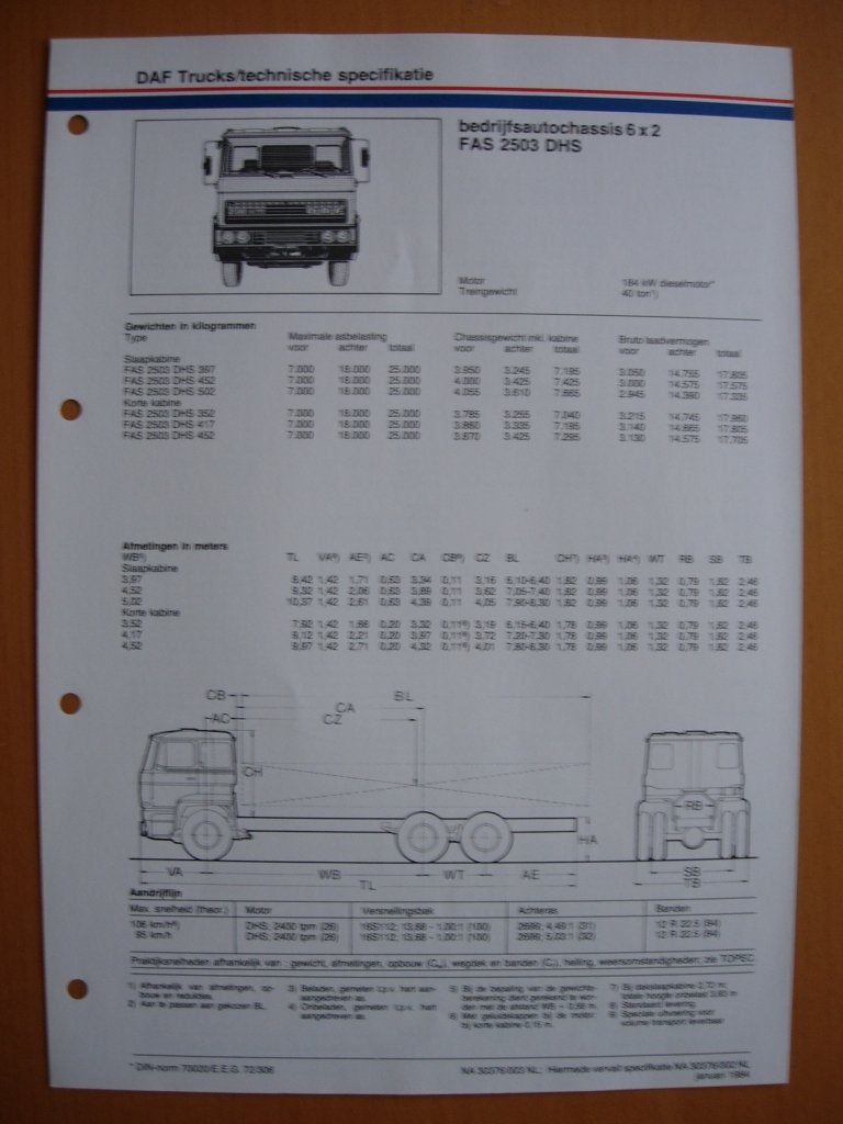 DAF FAS 2500 DHS Technische Specificatie Brochure 1984 – 6x2, Ophalen of Verzenden, Zo goed als nieuw, Overige merken, DAF