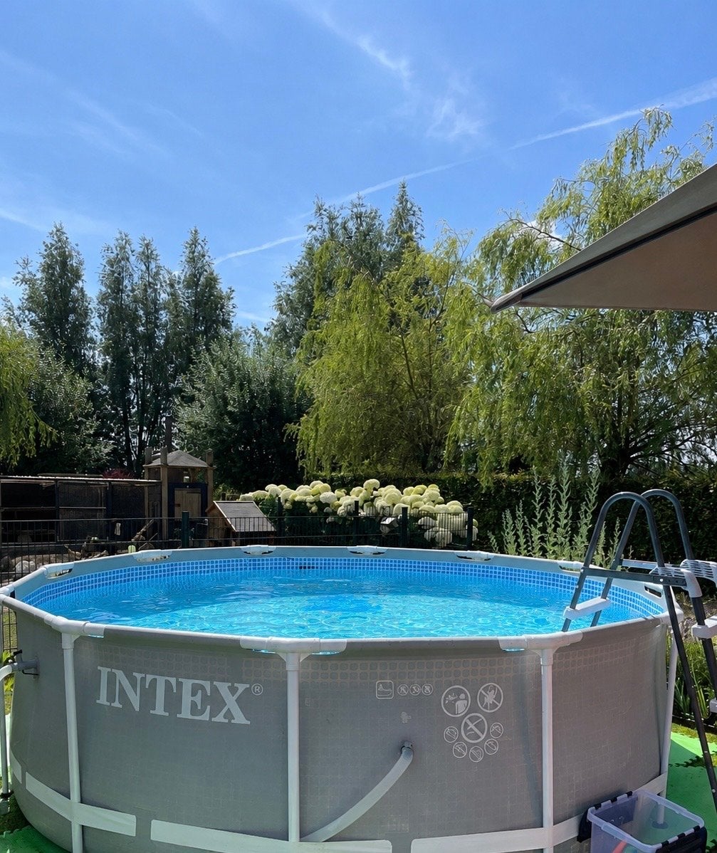Intex Prism frame zwembad rond 366 x 100 met warmtepomp, Ophalen, Gebruikt, 80 tot 120 cm, Rond