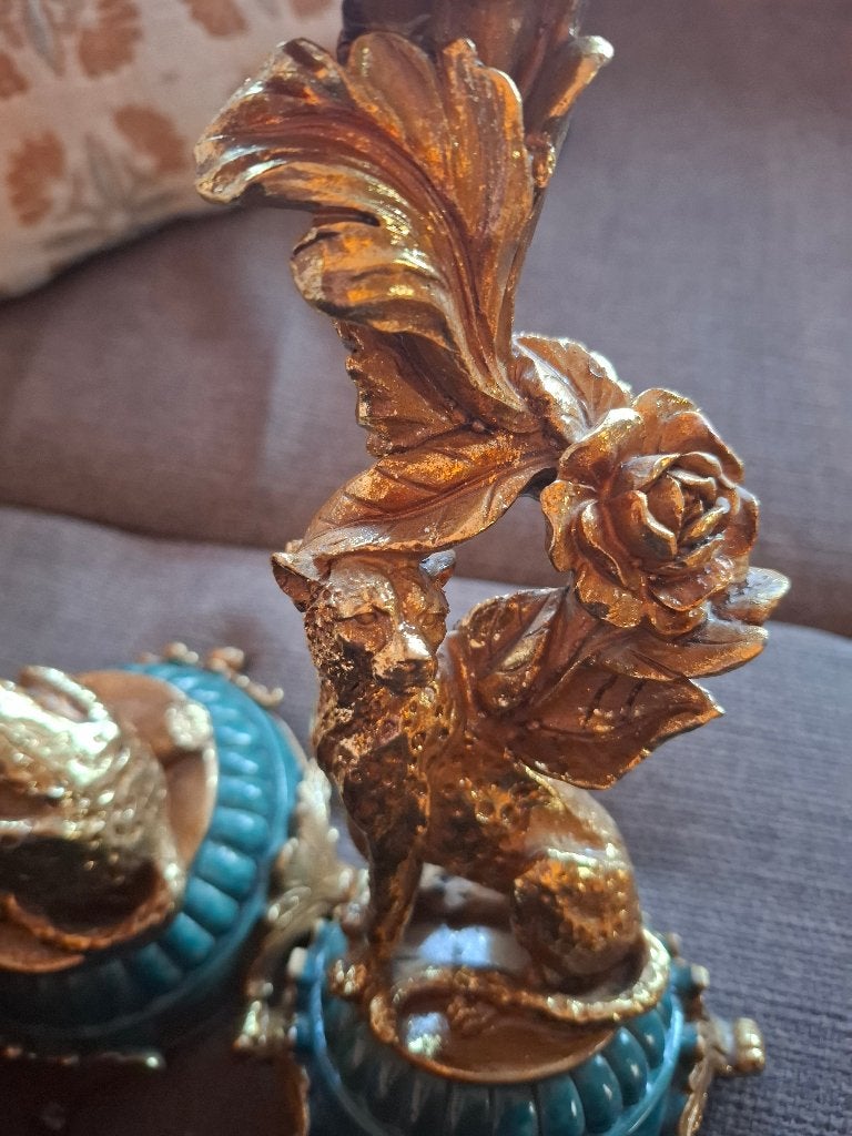 Twee kandelaren luipaard, Huis en Inrichting, Woonaccessoires | Kandelaars en Kaarsen, Ophalen of Verzenden, Gebruikt, Goud, Kandelaar
