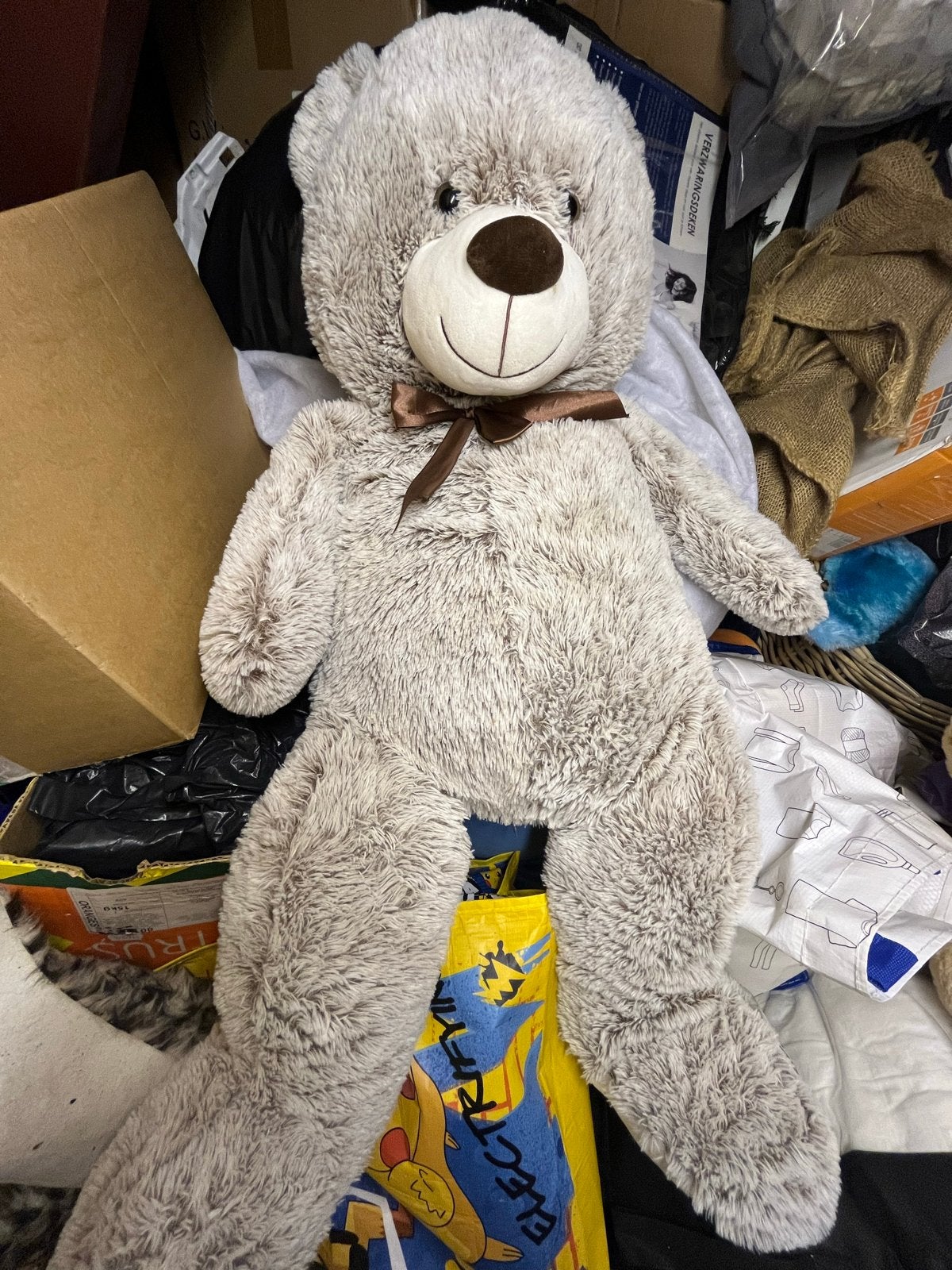 Grote zachte teddybeer met strik +-100cm, Beer, Grijs, Ophalen of Verzenden, Zo goed als nieuw