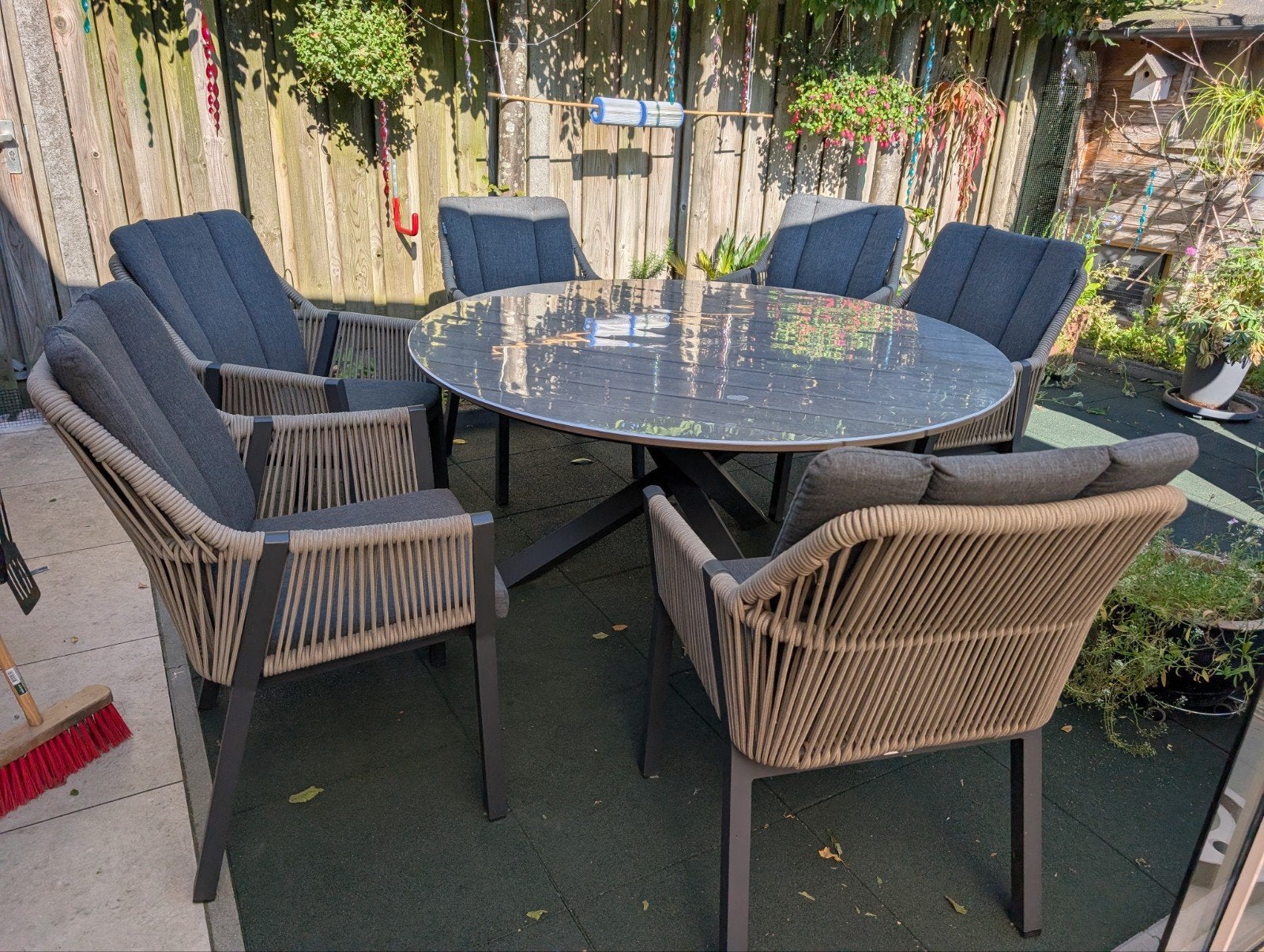 Tuinset met ronde tafel (150cm) en 6 stoelen, Tuin en Terras, Ophalen, Overige materialen, Gebruikt, 6 zitplaatsen