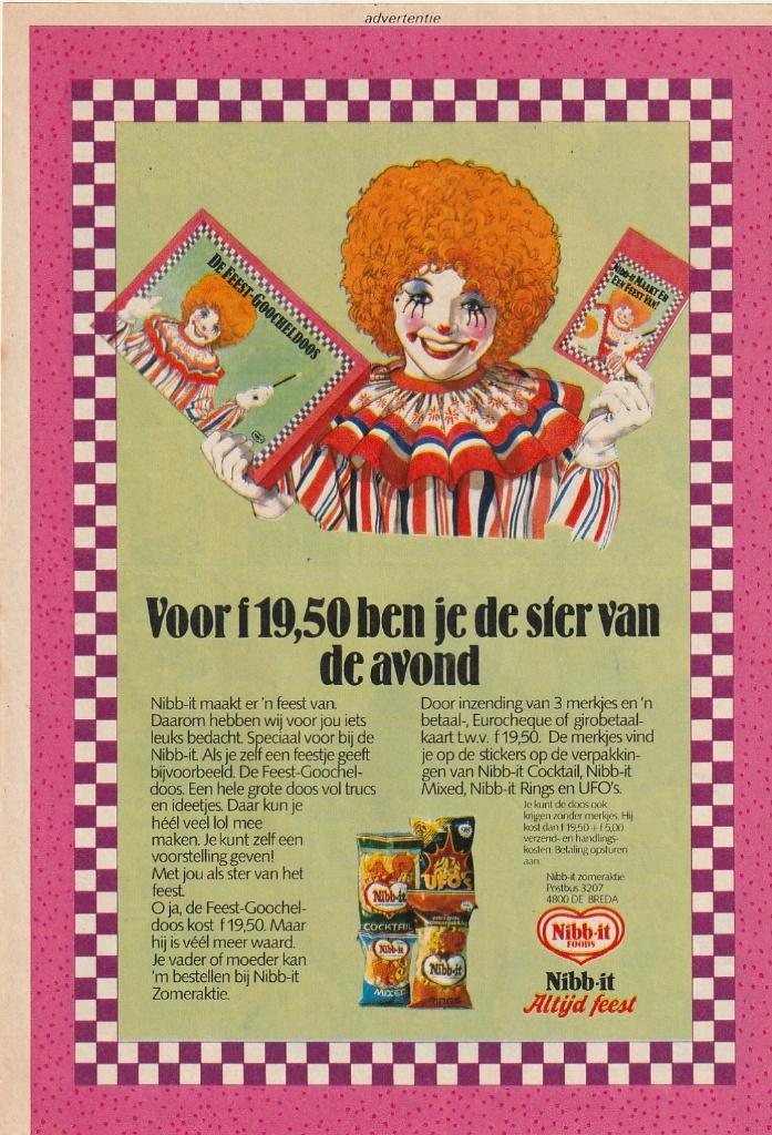 Retro reclame 1982 Nibb-it chips clown goocheldoos, Verzamelen, Verzenden, Overige typen