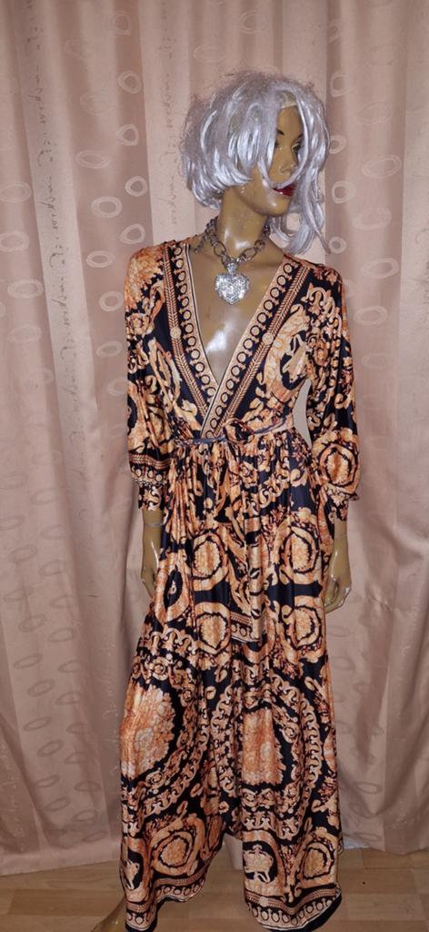 Maxi Jurk met Barokprint glamaker L - Zwart/Oranje nieuwe, Zwart, Maat 42/44 (L), Nieuw, Ophalen of Verzenden