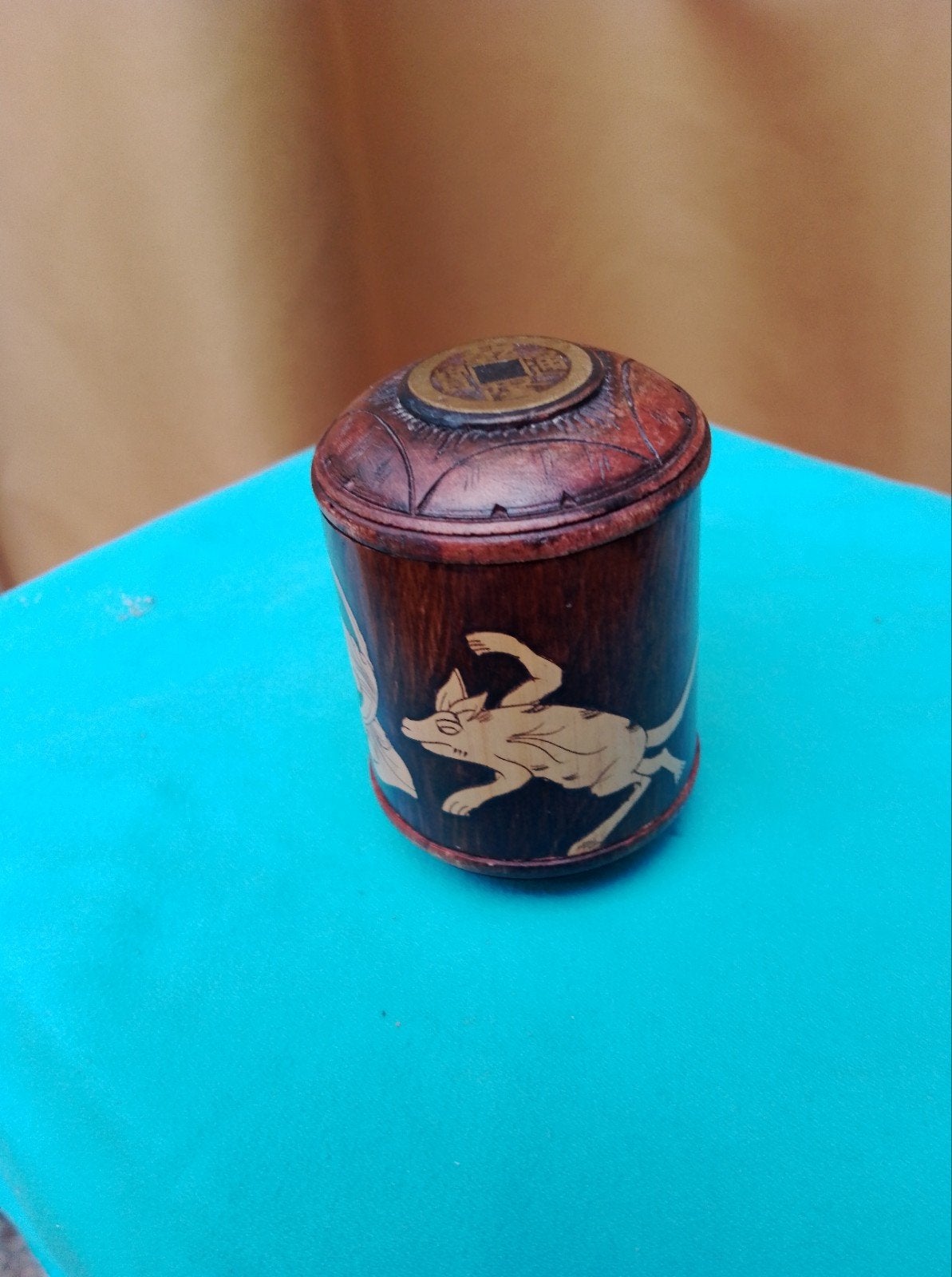 Antieke Chinese houten doos met inlegwerk en munt, Antiek en Kunst, Ophalen of Verzenden