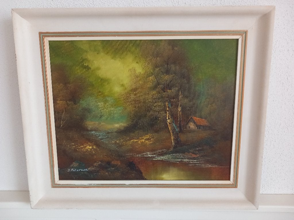 Vintage olieverfschilderij J. Petersen landschap, Ophalen of Verzenden