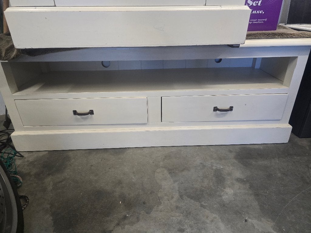 Landelijk Wit TV-Meubel / Dressoir met 2 Lades en Open Vak, Ophalen of Verzenden, Gebruikt, 25 tot 50 cm