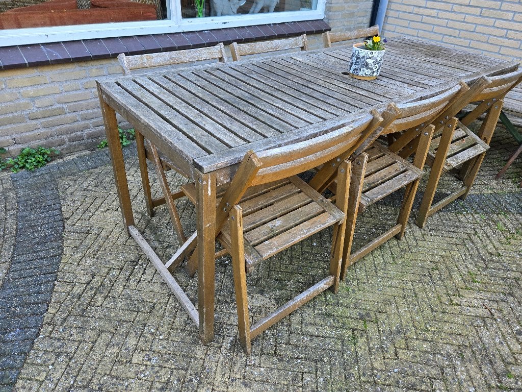 IKEA Garden Table with 6 Folding Chairs – Solid Wood, Ophalen, 50 tot 100 cm, Vijf personen of meer, 150 tot 200 cm