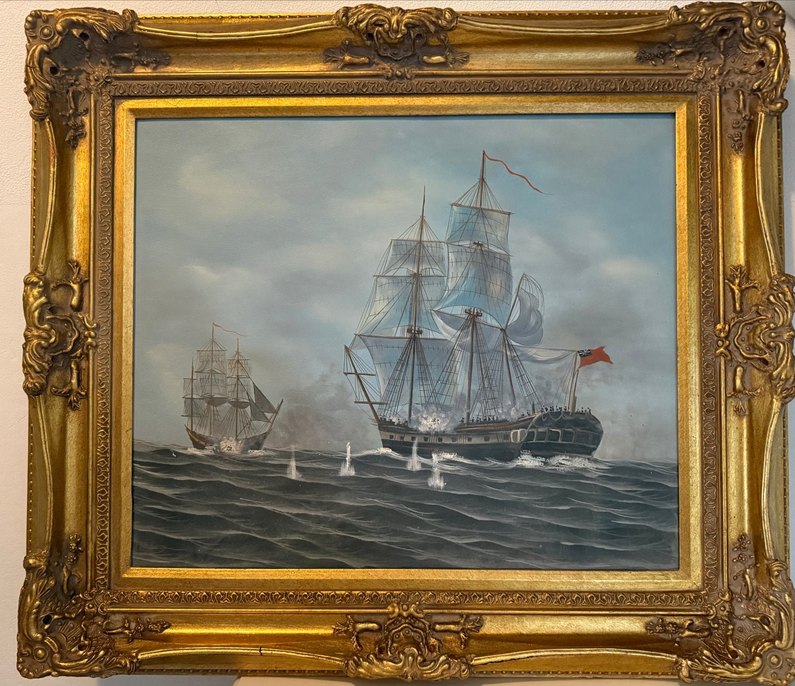 Maritiem Schilderij: Zeilschepen op woelige zee, Antiek en Kunst, Maritiem / water, Doek, Ophalen of Verzenden, Olieverf