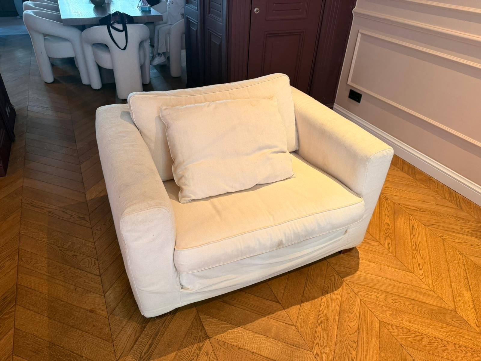 Comfortabele linteloo crèmekleurige fauteuil, Ophalen, Gebruikt, Stof, 75 tot 100 cm