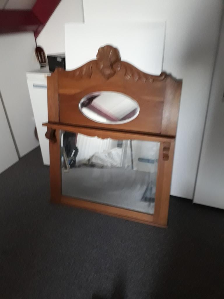 Prachtige antieke spiegel met houtsnijwerk, Ophalen, Rechthoekig, 50 tot 100 cm, Minder dan 100 cm
