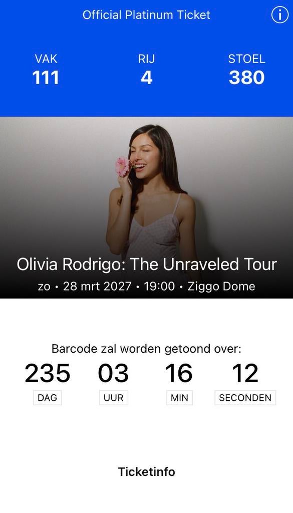1 official platinum ticket voor Olivia Rodrigo concert, Tickets en Kaartjes, Eén persoon, Overige soorten