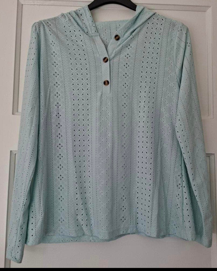 Lichtblauwe hoodie met opengewerkt patroon, maat L, Blauw, Maat 42/44 (L), Ophalen of Verzenden, Onbekend