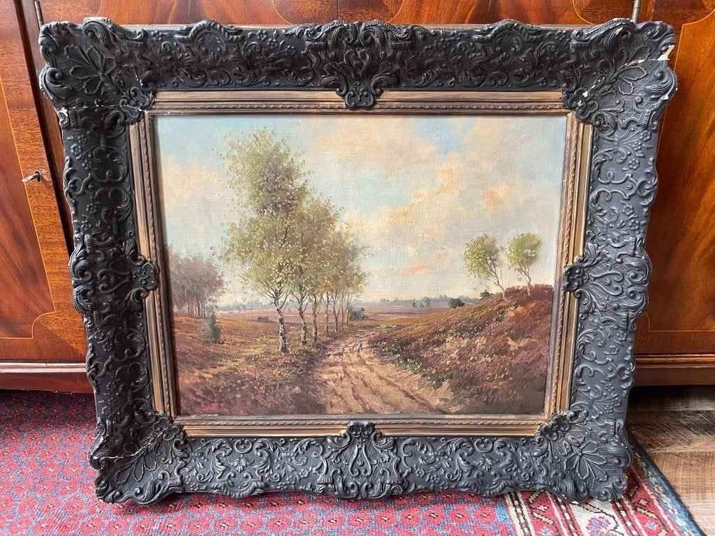 Olieverfschilderij heidelandschap, Ophalen, Doek, Origineel werk, Landschap