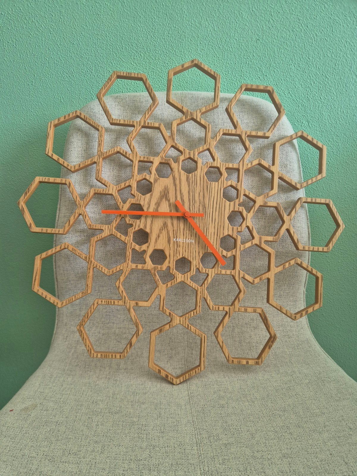 Karlsson Wandklok Hexagon Hout Oranje Wijzers, Ophalen, Wandklok